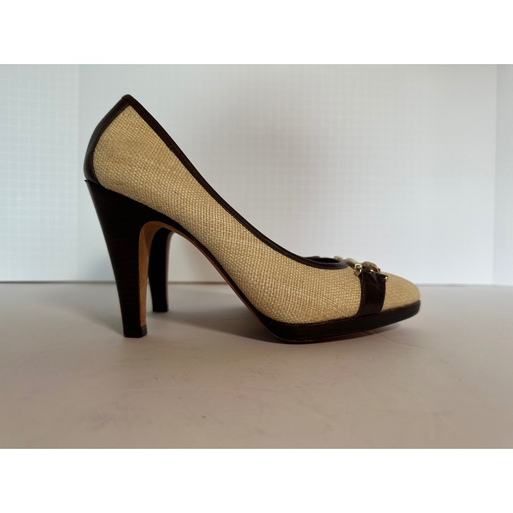 Banana Republic Woven Straw Leather Trim Buckle Pumps Brown Tan Gold Size 8.5 - Picture 2 of 6